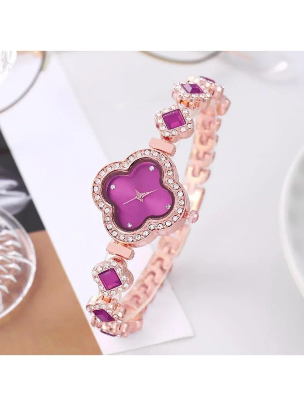 Women's Purple Diamond Bracelet Fashion Dress Quartz Luxury Elegant Wrist Watch